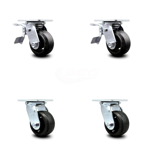 4 Inch Rubber on Steel Caster Set with Ball Bearing 2 Total Lock Brake SCC